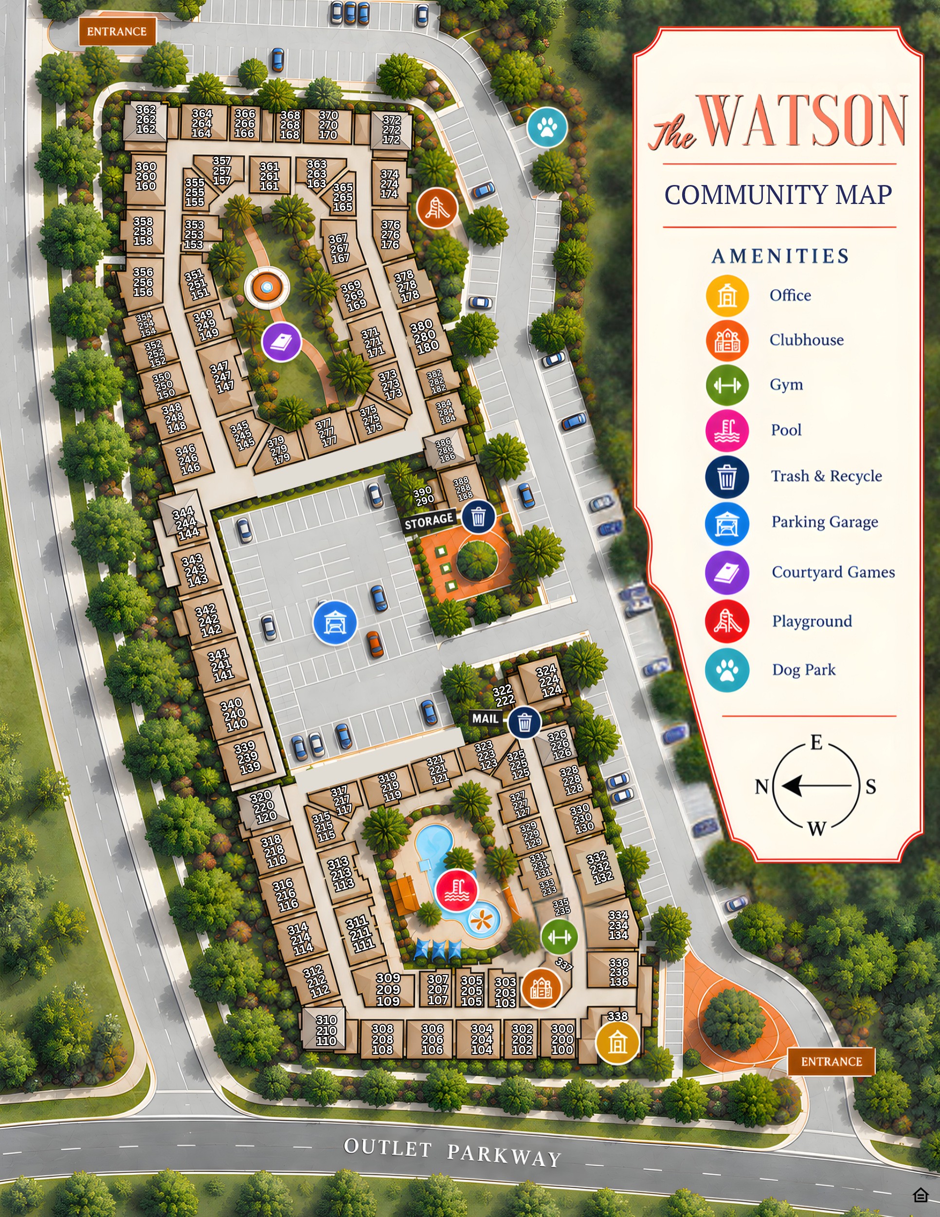 The Watson community site map showing apartment buildings, parking, the pool, clubhouse and community amenities at 3090 Outlet Pkwy. in Grand Prairie, Texas.