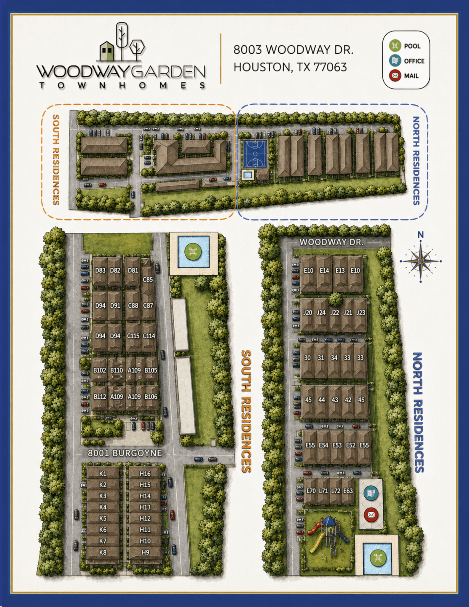 Woodway Garden Townhomes community site map showing the North Residences, South Residences, home labels, roads and community amenities at 8003 Woodway Drive in Houston, Texas.