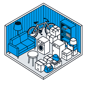 Illustration of 10x12 storage unit with goods stored in it