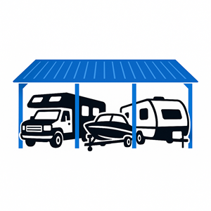 Covered parking with an RV, a boat, and a travel trailer.