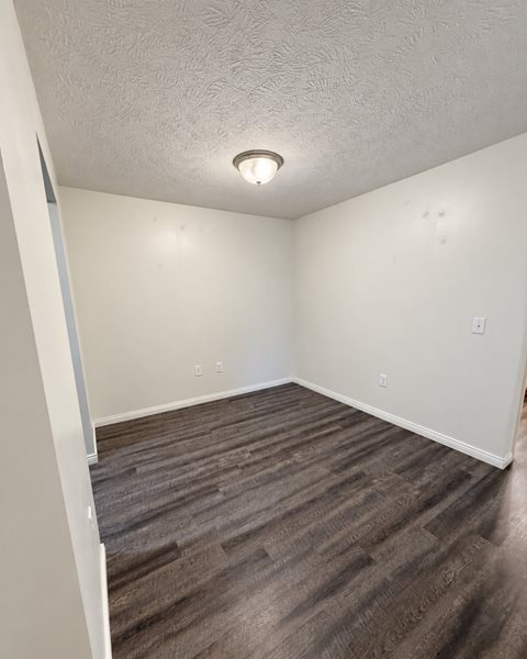 A room with a light on the ceiling and a wooden floor.