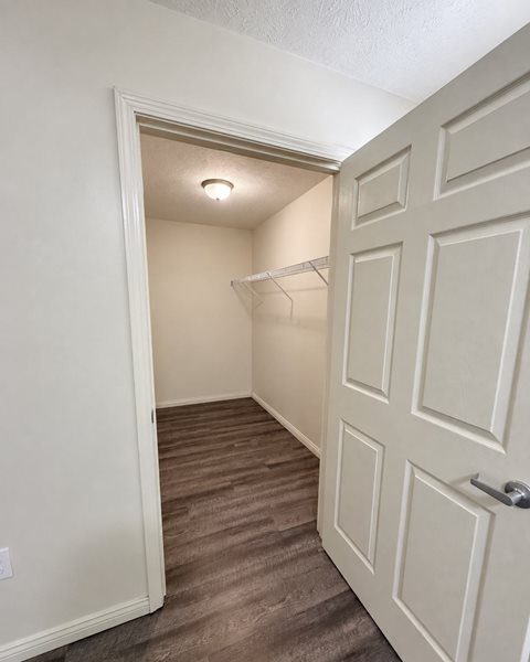 A white door with a silver handle is open to a hallway with a light on the ceiling.