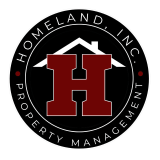 The logo of Homeland Property Management Inc. features a red letter "H" in the center of a black circle with a white house shape above it.