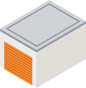 A 3D isometric image of a storage unit with an orange roll-up door.