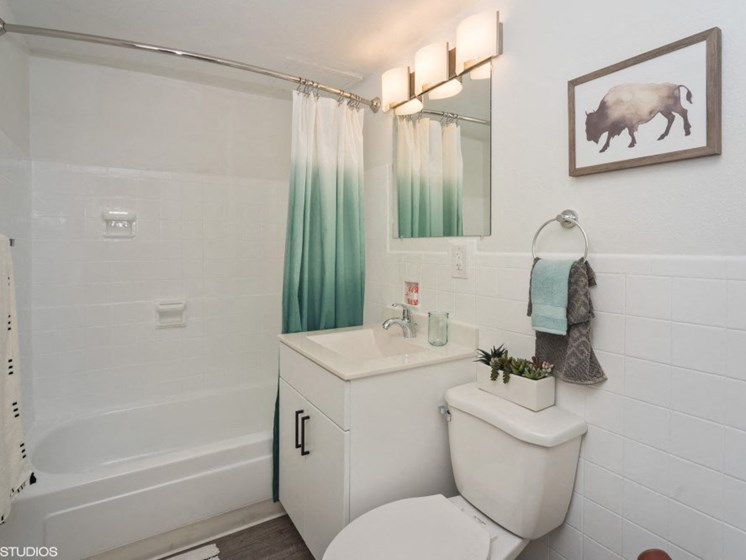 Bright bathroom with tub and vanity storage