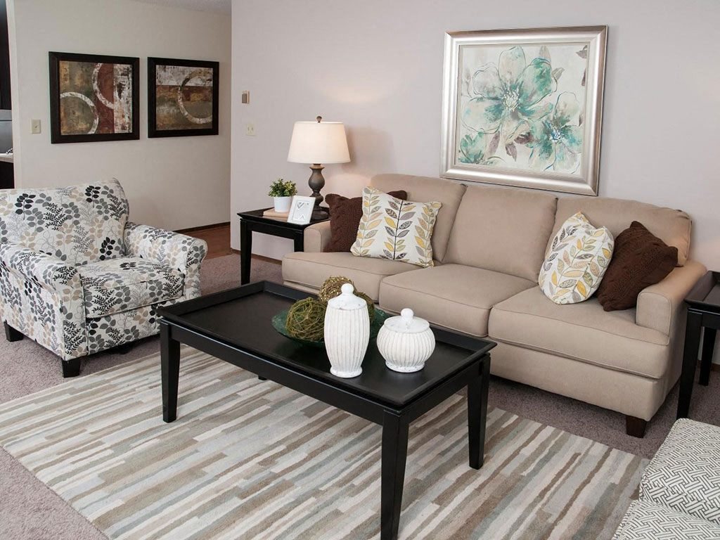 Living room with sofa and center table at Terra Pointe Apartments, Saint Paul, 55119
