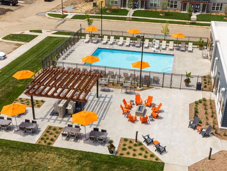 Aerial shot of pool and patio at The Liberty Apartments in Golden Valley, MN