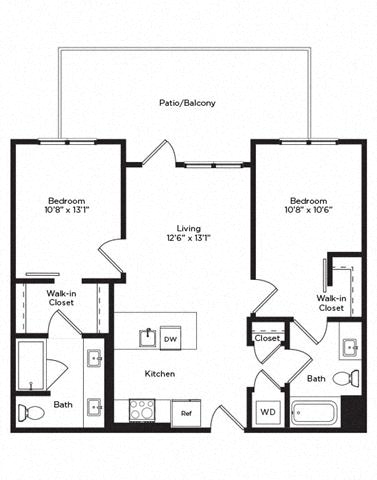 Floor plan layout diagram for 2B w/ Balcony
