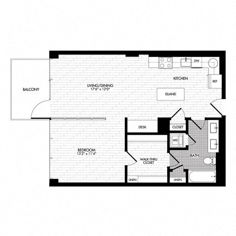 Floor plan layout diagram for 1H w/ Balcony