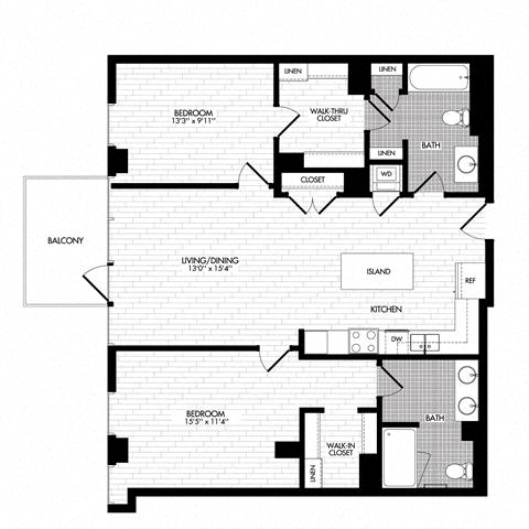 Floor plan layout diagram for 2D w/ Balcony