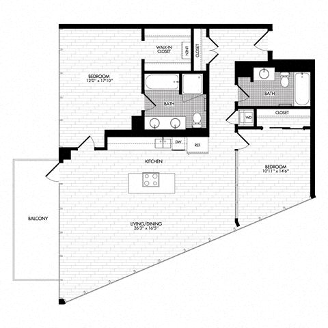 Floor plan layout diagram for 2K w/ Balcony