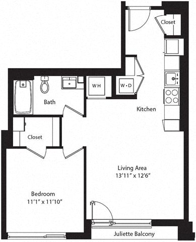 Floor plan layout diagram for 1C w/ Balcony