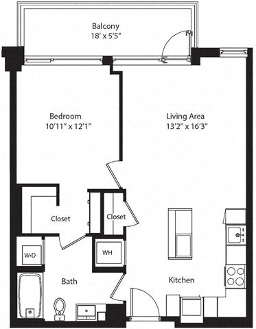 Floor plan layout diagram for 1Q w/ Balcony
