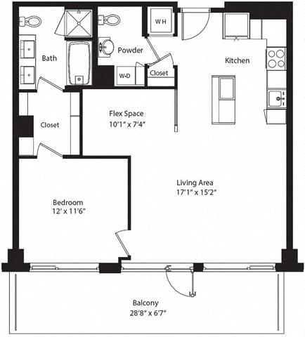 Floor plan layout diagram for 1W Den w/ Balcony
