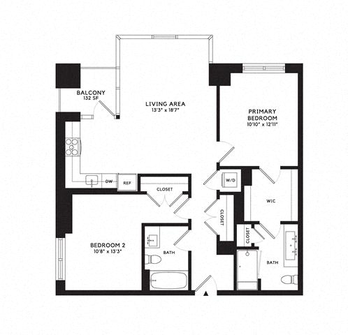 Floor plan layout diagram for 2B w/ Balcony