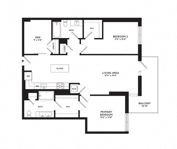Floor plan layout diagram for 2T w/ Balcony