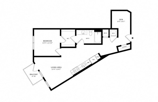 Floor plan layout diagram for 1A Den w/ Balcony