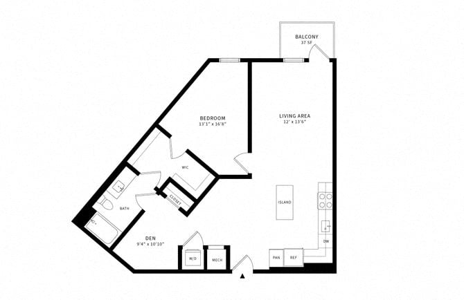 Floor plan layout diagram for 1B Den w/ Balcony