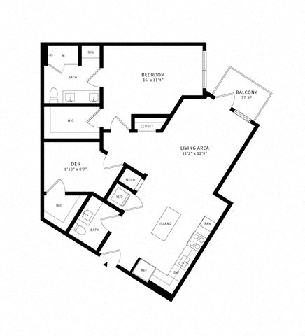 Floor plan layout diagram for 1C Den w/ Balcony