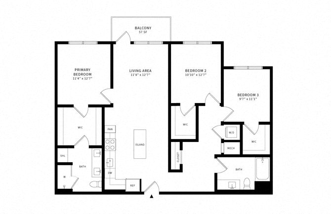 Floor plan layout diagram for 3B w/ Balcony