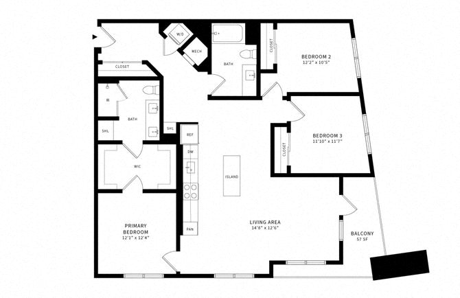 Floor plan layout diagram for 3C w/ Balcony