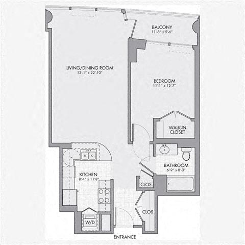 Floor plan layout diagram for 1G w/ Balcony