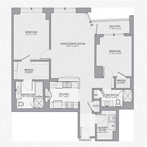 Floor plan layout diagram for 2G w/ Balcony