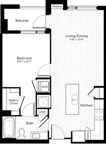Floor plan layout diagram for 1E w/ Balcony