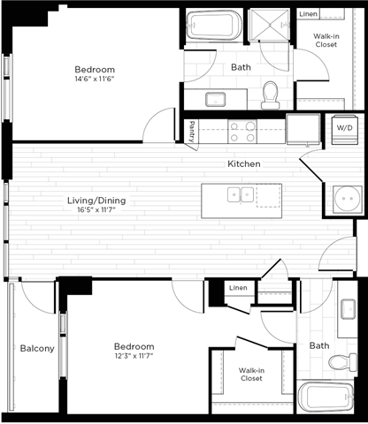 Floor plan layout diagram for 2E w/ Balcony
