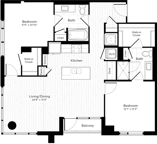 Floor plan layout diagram for 2T w/ Balcony