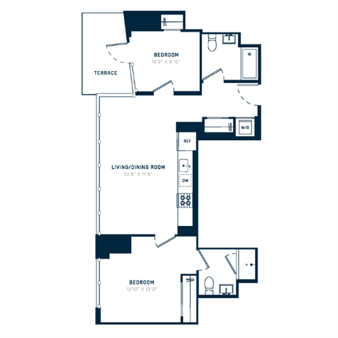 Floor plan layout diagram for 2B w/ Terrace
