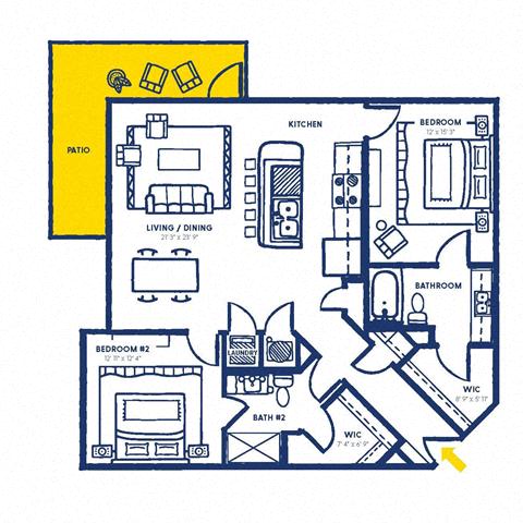 Floor plan layout diagram for 2G w/ Balcony