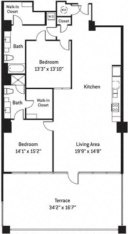 Floor plan layout diagram for 2K w/ Terrace