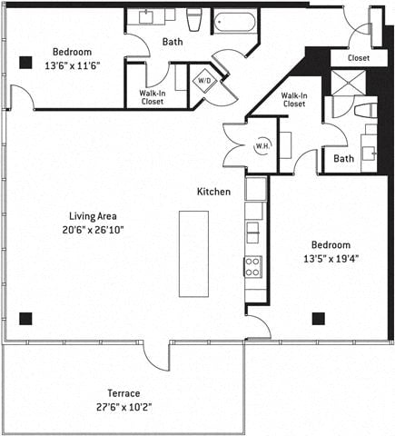 Floor plan layout diagram for 2N w/ Terrace