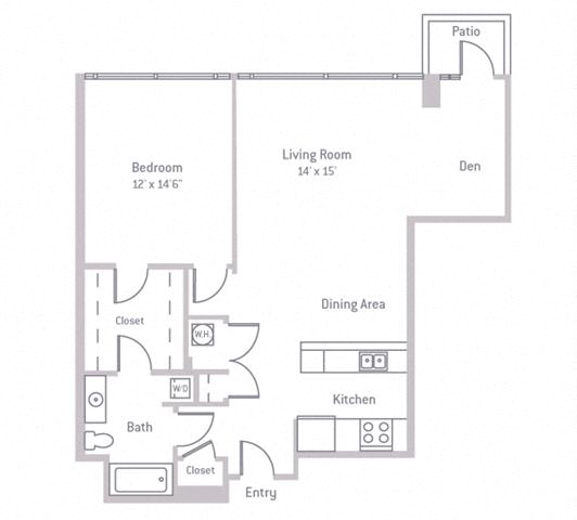 Floor plan layout diagram for 1H Den w/ Balcony