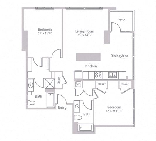 Floor plan layout diagram for 2B w/ Balcony
