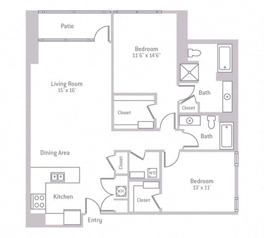 Floor plan layout diagram for 2E w/ Balcony