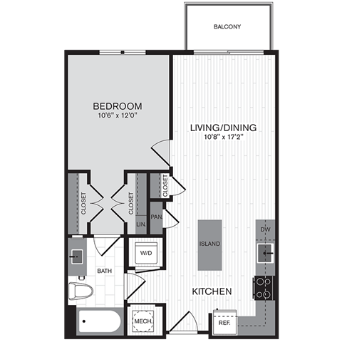 Floor plan layout diagram for 1A-J w/ Balcony (Affordable Housing)