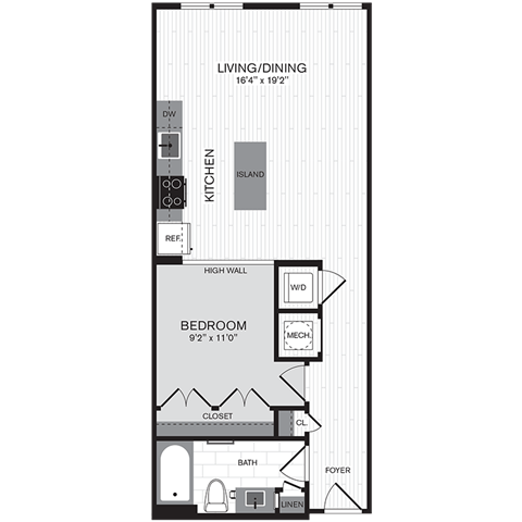 Floor plan layout diagram for 1B w/ Balcony