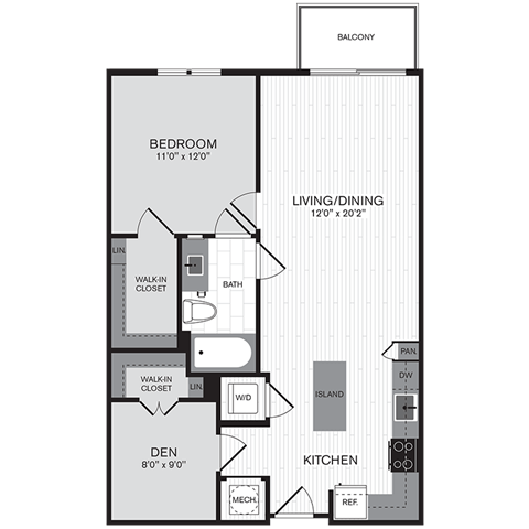 Floor plan layout diagram for 1Q Den w/ Balcony