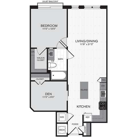 Floor plan layout diagram for 1S Den w/ Balcony