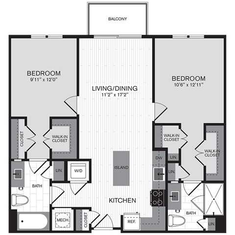 Floor plan layout diagram for 2B w/ Balcony