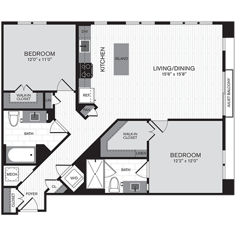 Floor plan layout diagram for 2D w/ Balcony