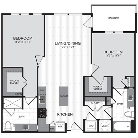 Floor plan layout diagram for 2E w/ Balcony