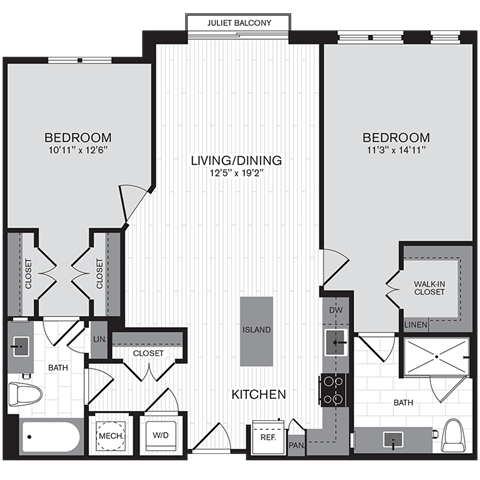 Floor plan layout diagram for 2G w/ Balcony
