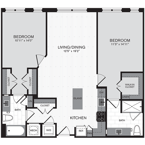 Floor plan layout diagram for 2K w/ Balcony