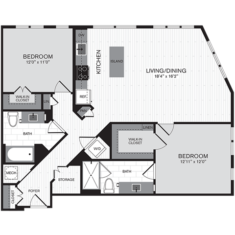 Floor plan layout diagram for 2L w/ Balcony