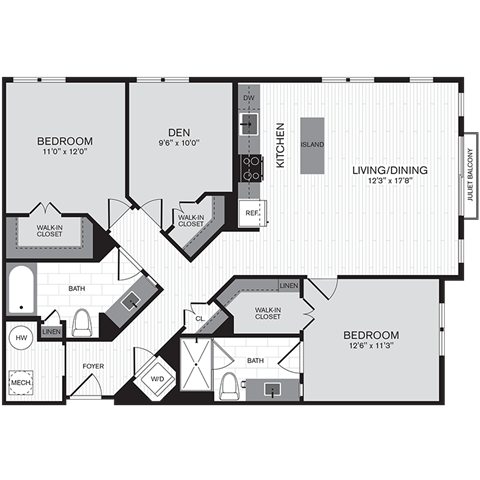 Floor plan layout diagram for 2R Den w/ Balcony