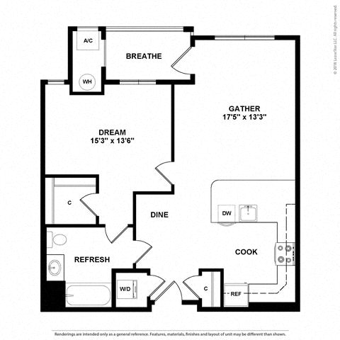Floor plan layout diagram for 1H w/ Balcony