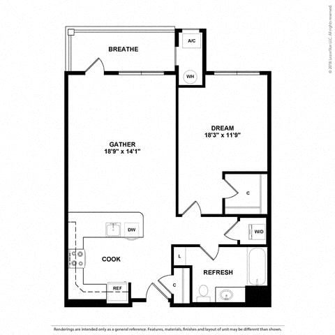 Floor plan layout diagram for 1N w/ Balcony